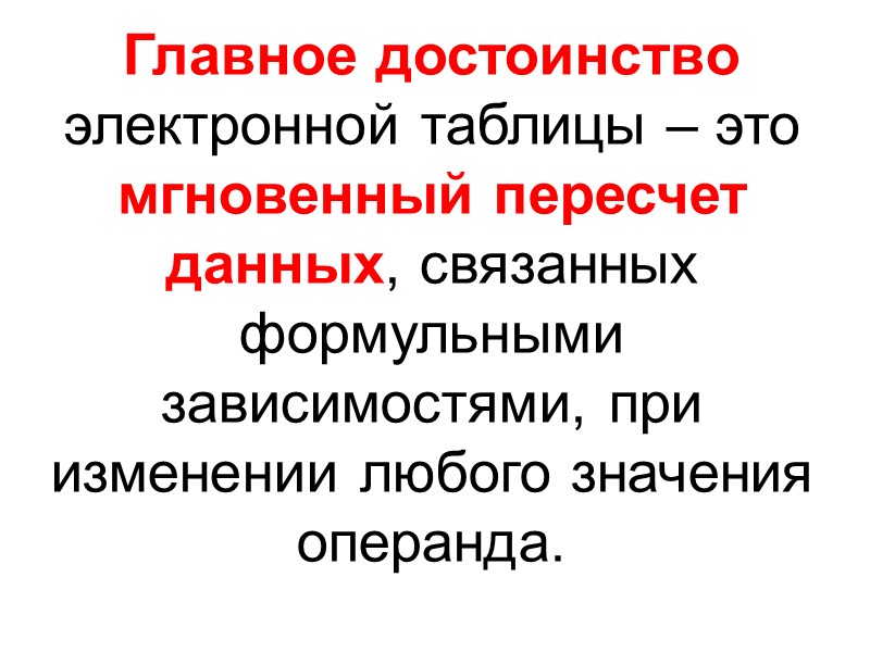 Главное достоинство электронной таблицы – это мгновенный пересчет данных, связанных формульными зависимостями, при изменении